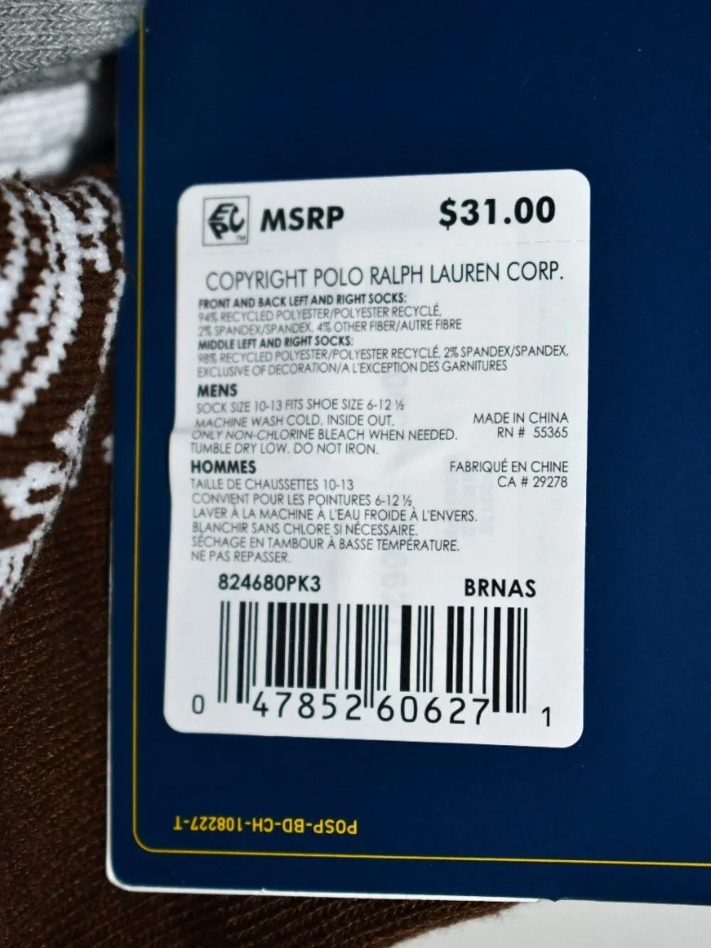 Polo Ralph Lauren 6-pack quarter length socks W RL crest #824680PK3 NWT Details: